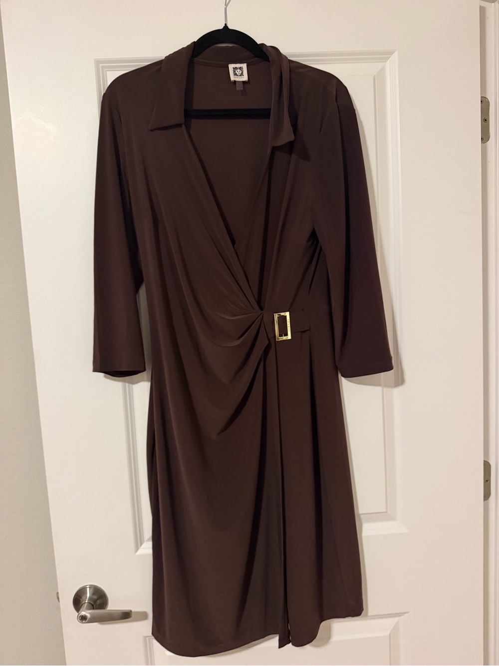 Brown Twist-Front Midi Dress with Gold Buckle